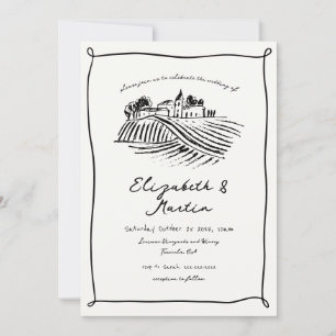 Black & White Trendy Hand Drawn Weinberg Hochzeit Einladung