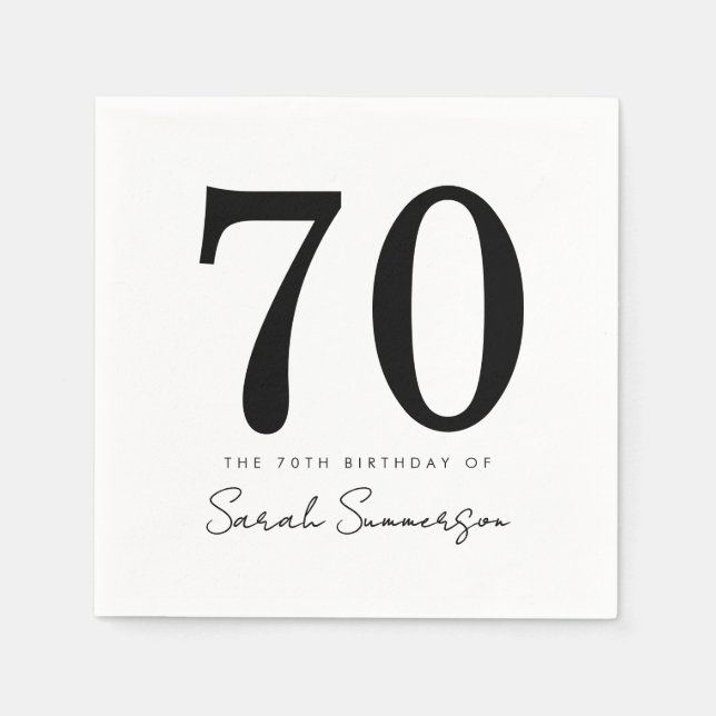 Black White Typography Seventy Name 70th Birthday Serviette (Vorderseite)