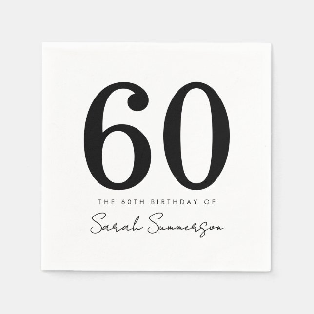 Black White Typography Sixty Name 60th Birthday Serviette (Vorderseite)
