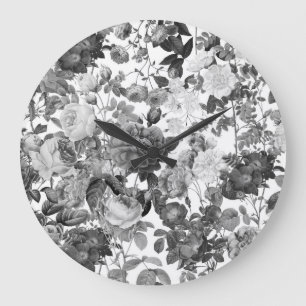 Black  White Vintage Floral  Große Wanduhr
