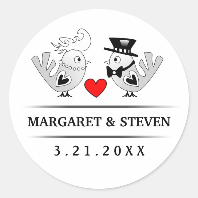 Black & White Wedding Love Birds Rotes Herz Runder Aufkleber (Vorderseite)