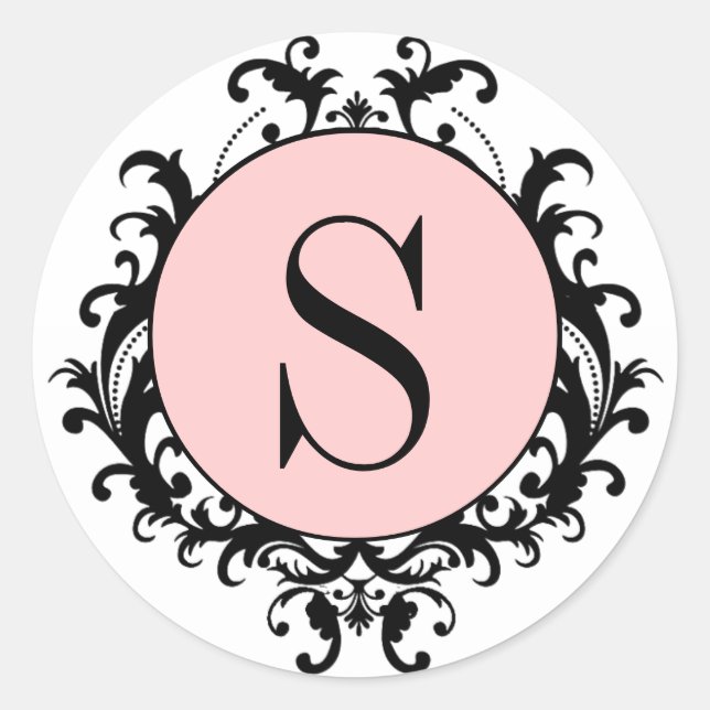 Black White Wedding Monogram S Damask Pink Label Runder Aufkleber (Vorderseite)