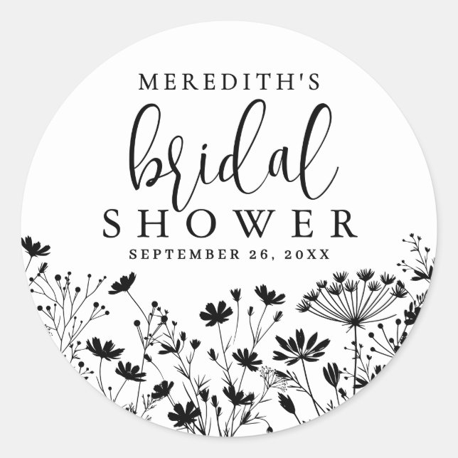 Black White Wildflower Bridal Shower Runder Aufkleber (Vorderseite)