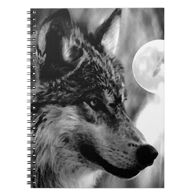 Black & White Wolf, Moon & Night Notebook Notizblock (Vorderseite)