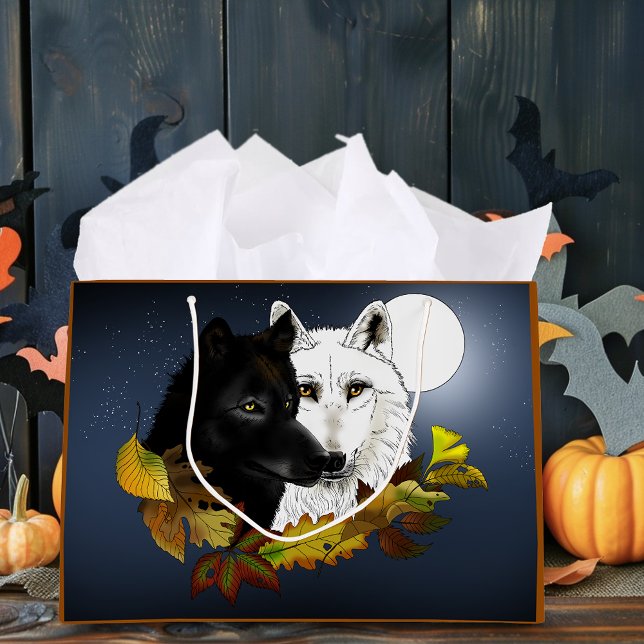 Black White Wolves Moonlight Autumn Leaves Große Geschenktüte (Von Creator hochgeladen)