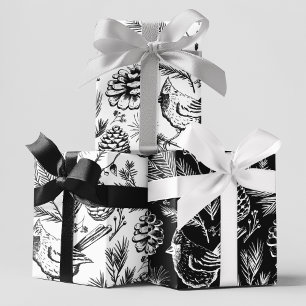 Black & White XL Kardinal Bird, Pine, Winter Berry Geschenkpapier Set