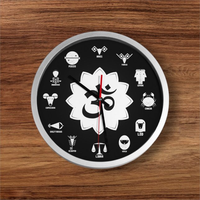 Black & White Zodiac - Vedic Signs with OM Symbol Große Wanduhr (The Power of Time Meets the Spirit of the Signs.)