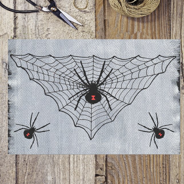 Black Widow Spider Web Halloween Gothic Seidenpapier (Spooky black web with black widow spiders on painted look white and black gift wrap tissue paper.)