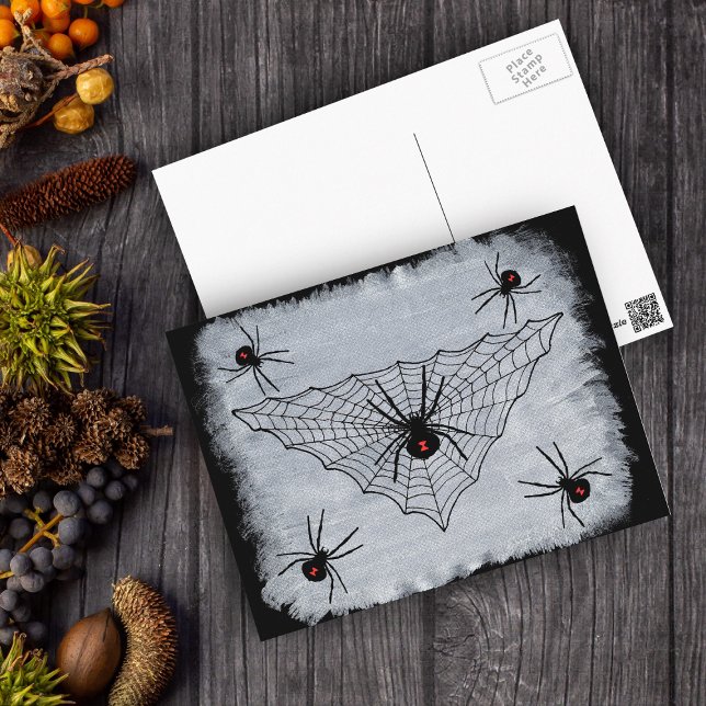 Black Widow Spider Web Postcard Postkarte (Spooky spider web with black widow spiders on textured white and black postcard.)