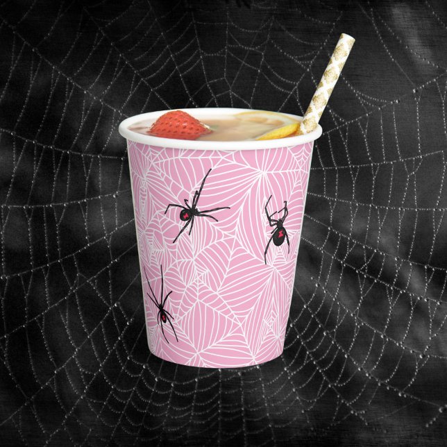 Black Widow Spider Webs Pastel Pink Pappbecher (Von Creator hochgeladen)