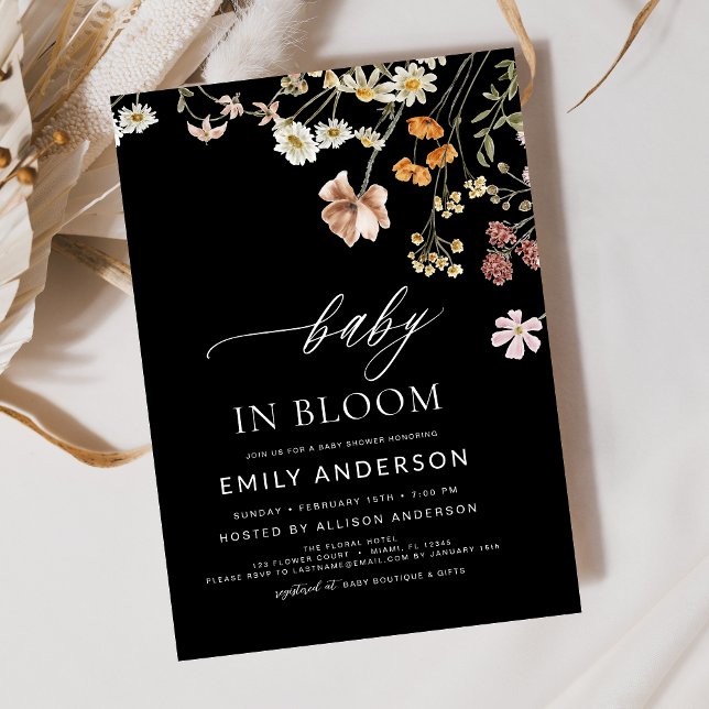 Black Wildblume Baby in Bloom Baby Dusche Einladung (Von Creator hochgeladen)