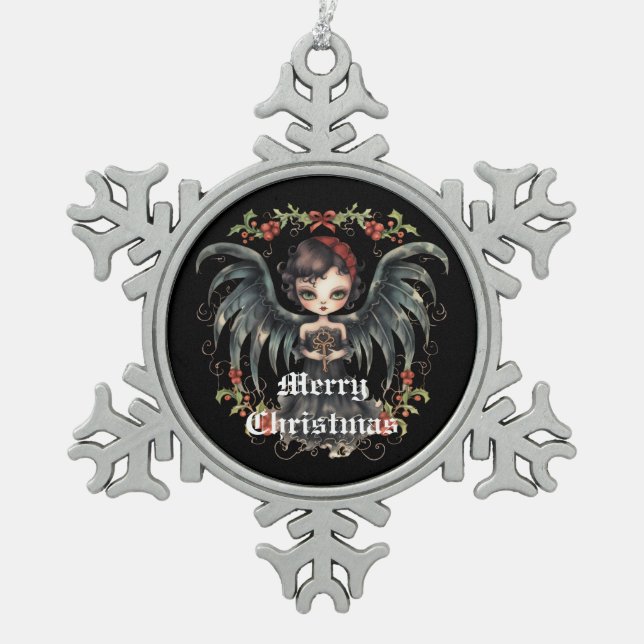 Black Wings Christmas Angel Schneeflocken Zinn-Ornament (Vorderseite)