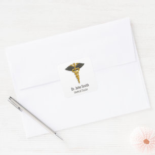 Black Wings Classy Medical Elegante Gold Caduceus Quadratischer Aufkleber