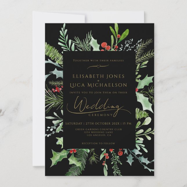 Black Winter Berry Leaf Botanical Monogram Wedding Einladung (Vorderseite)
