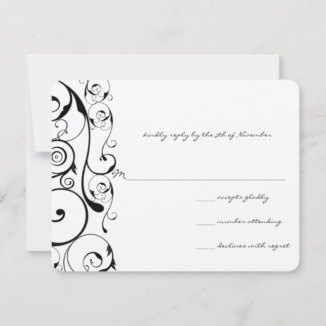 Black Wirbel Wedding RSVP Karte (Vorderseite)