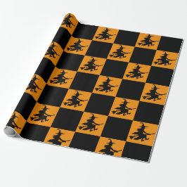 Black Witches on Orange Checkered Wrapping Paper Geschenkpapier