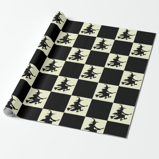 Black Witches on Yellow Checkered Wrapping Paper Geschenkpapier (Ungerollt)