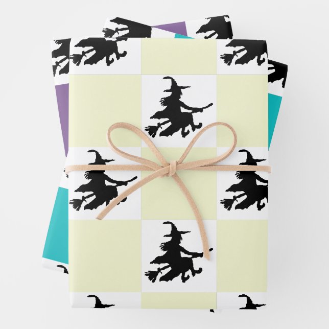 Black Witches on Yellow, Purple & Teal Checkered Geschenkpapier Set (Beispiel)