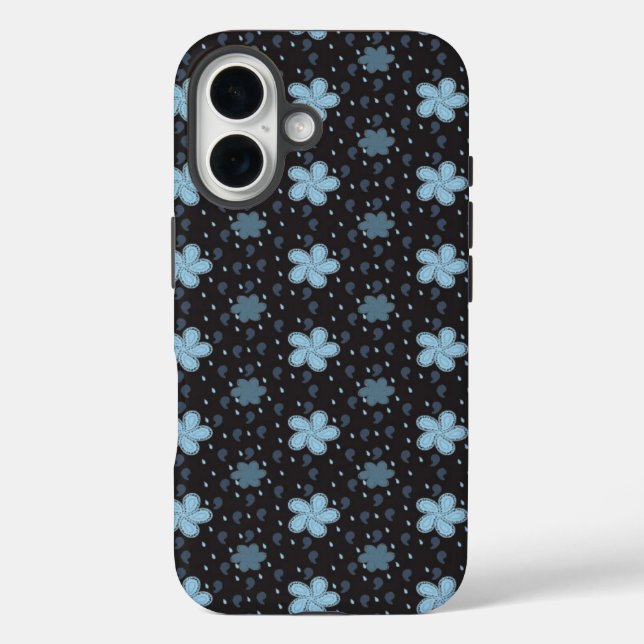 Black with Blue Paisley Flowers iPhone 16 Case (Rückseite)