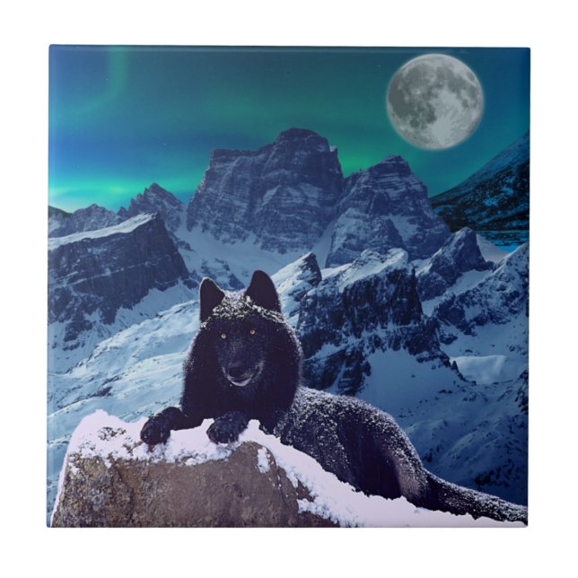 Black Wolf Moon | Gotische Keramik Fliese (Vorderseite)