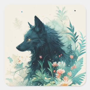 Black Wolf Profile Wasserfarbe Blumen Teal Kunst Quadratischer Aufkleber