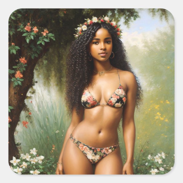 Black Woman Bikini Model Floral Beauty Quadratischer Aufkleber (Vorderseite)