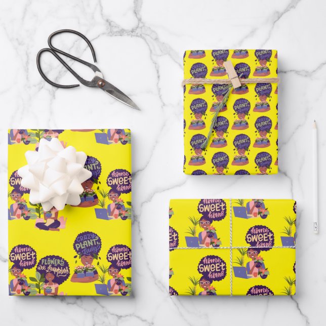 Black Woman Crazy Pflanze Lady, Zuhause Sweet Zuha Geschenkpapier Set (Vorderseite)