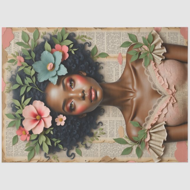 Black Woman Floral Portrait Decoupage Paper Seidenpapier (Vorderseite)