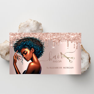 Black Woman Friseur Rose Gold Glitzer Tropfen Visitenkarte