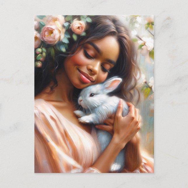 Black Woman Smiling With Cute Bunny Floral  Postkarte (Vorderseite)