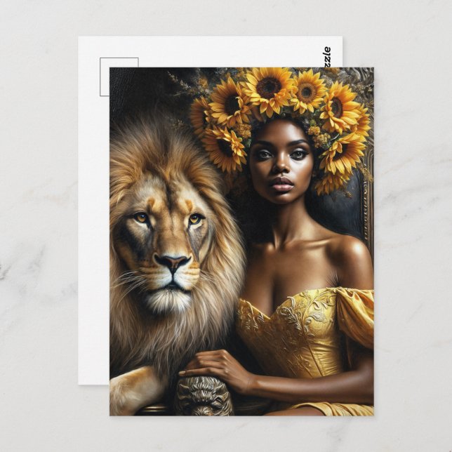 Black Woman With Lion Sunflower Leo Postkarte (Vorne/Hinten)