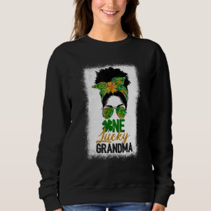 Black Womens One Lucky Grandma Messy Bun St Patric Sweatshirt