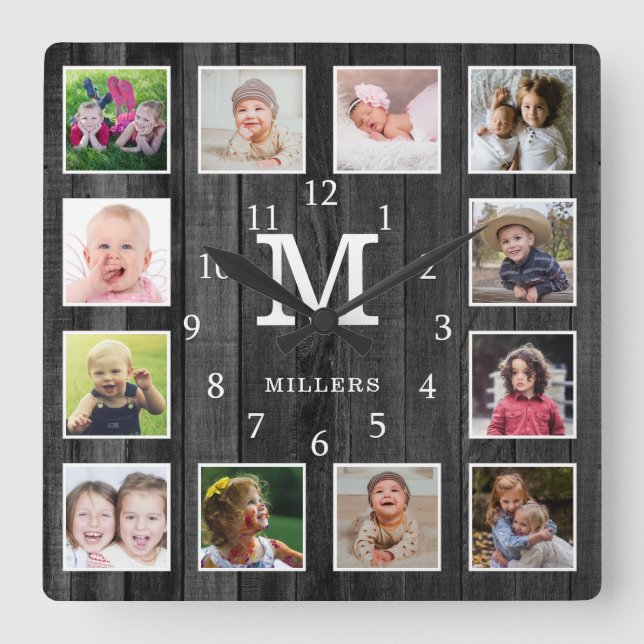 Black Wood 12 Photo Collage Family Name Monogram  Quadratische Wanduhr (Vorderseite)
