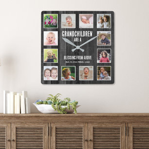 Black Wood 12 Picture Collage Grandchildren Zitat Quadratische Wanduhr