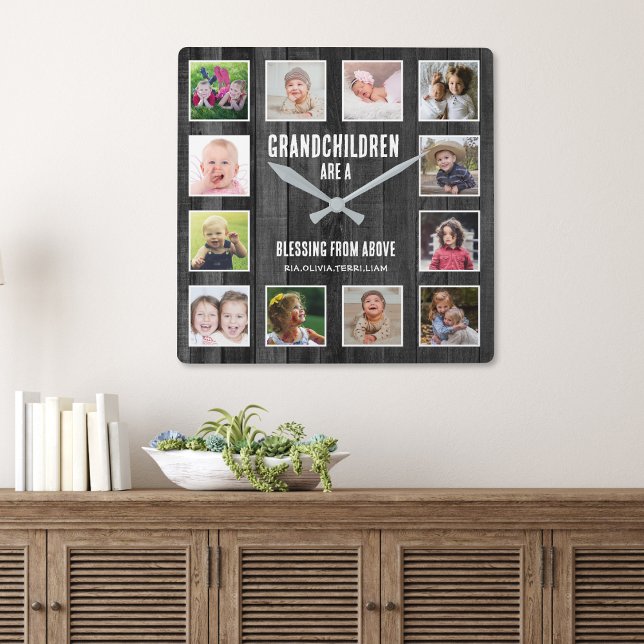 Black Wood 12 Picture Collage Grandchildren Zitat Quadratische Wanduhr (Grandparents gift - grandchildren picture frame clock)