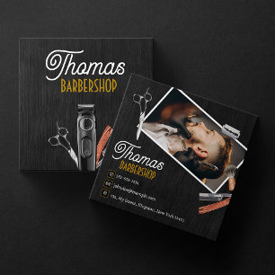 Black Wood Barber Shop Foto Schere Haarschneider Quadratische Visitenkarte
