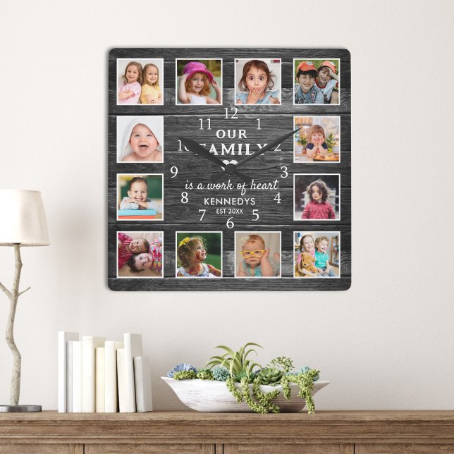 Black Wood Family Name Zitat Bauernhof 12 Foto Quadratische Wanduhr (Black Wood Family Name Quote Farmhouse 12 Photo Square Wall Clock)
