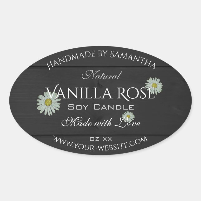 Black Wood Grain Product Packaging Labels Daisies Ovaler Aufkleber (Vorderseite)