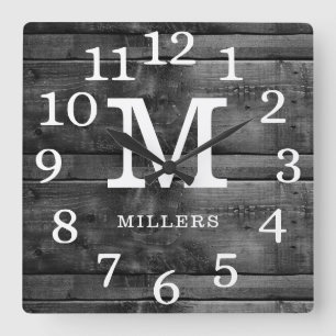 Black Wood Large Numbers Family Name Monogram Quadratische Wanduhr
