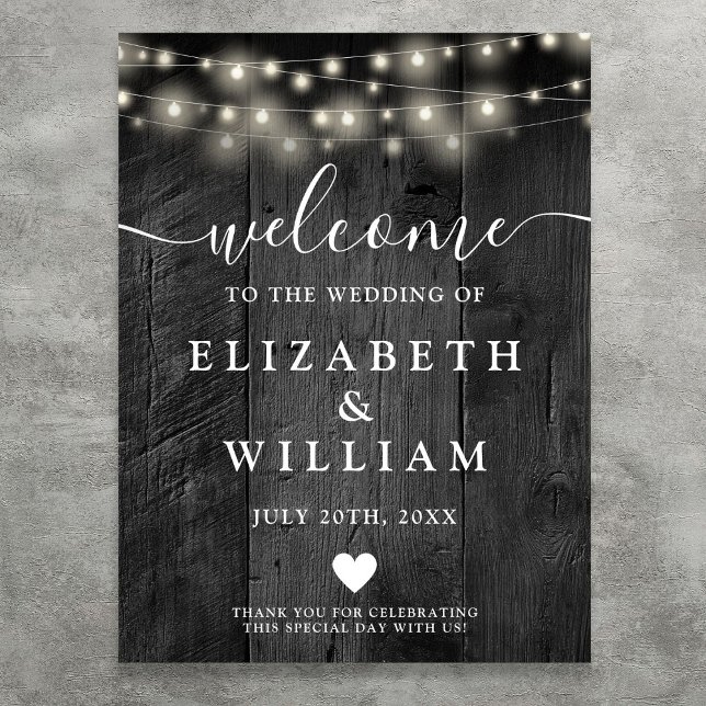 Black Wood String Lights Begrüßungszeichen Poster (Black Wood String Lights Wedding Welcome Sign)