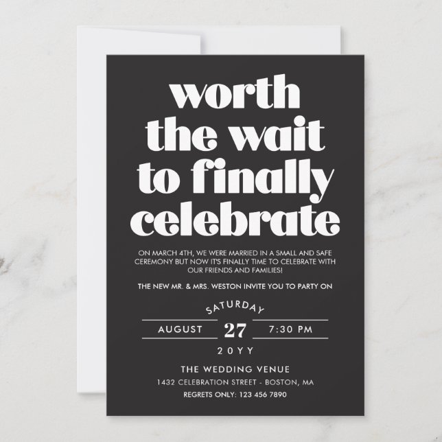 Black Worth the Wait Sequel Wedding Celebration Einladung (Vorderseite)
