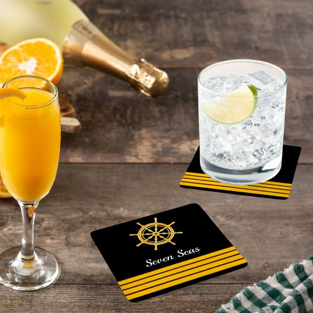 Black Yacht Bootsname Gold Lenkradstreifen Rechteckiger Pappuntersetzer (Von Creator hochgeladen)