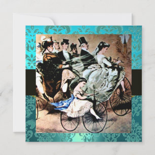 BLACK YELLOW BLUE BICYCLE WEDD DAMASK MONOGRAM EINLADUNG
