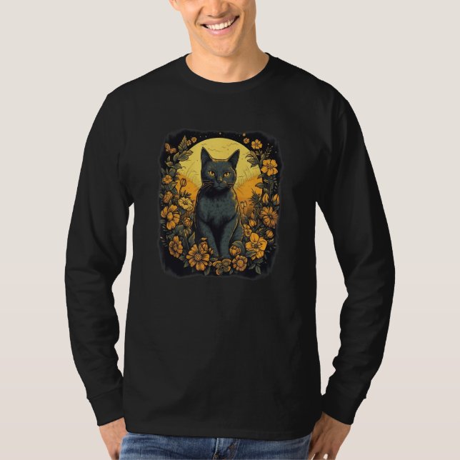 black yellow cat portrait with wild flowers and mo T-Shirt (Vorderseite)