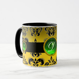 BLACK YELLOW DAMASK EMERALD GREEN GEM MONOGRAMM TASSE