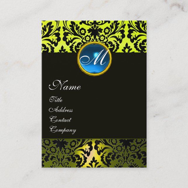 BLACK YELLOW DAMASK MONOGRAM, Blue Saphir Visitenkarte (Vorderseite)