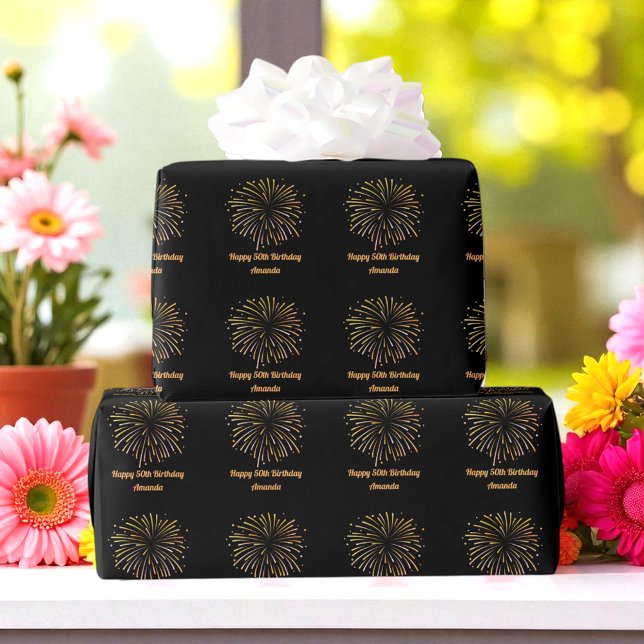 Black Yellow Fireworks Birthday Wrapping Paper Geschenkpapier (Von Creator hochgeladen)