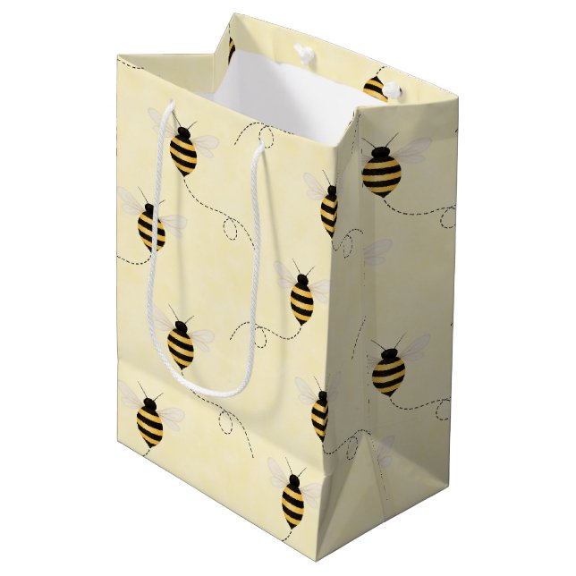 Black Yellow Gold Bees Baby Shower Mittlere Geschenktüte (Vorderseite Schrägansicht)