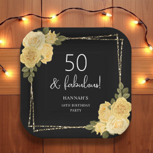 Black Yellow & Gold Floral 50. Geburtstag Pappteller