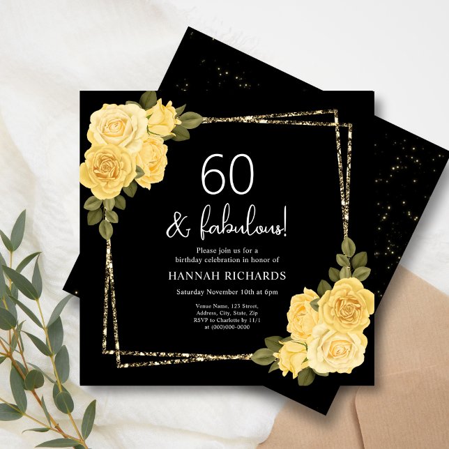 Black Yellow & Gold Floral 60. Geburtstag Einladung (Von Creator hochgeladen)